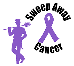 Sweep Away Cancer written around a purple ribbon to the right of a purple silhouette of a chimney sweeper